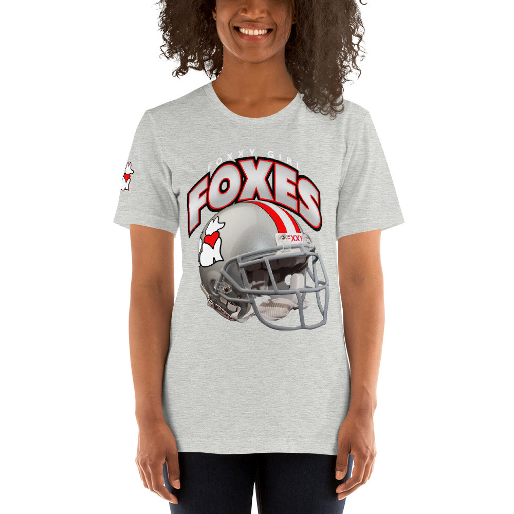 Front view of heather FOXXES football helmet women’s graphic tee by Foxxy Girl.