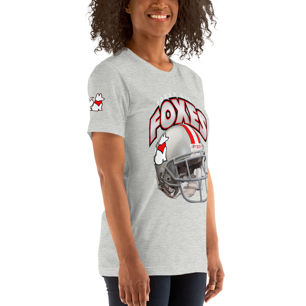 Right front view of heather FOXXES football helmet women’s graphic tee by Foxxy Girl.