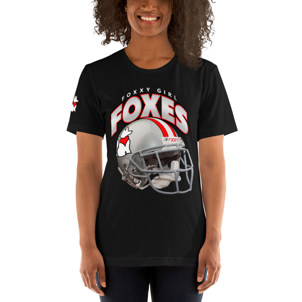 Front view of black FOXXES football helmet women’s graphic tee by Foxxy Girl