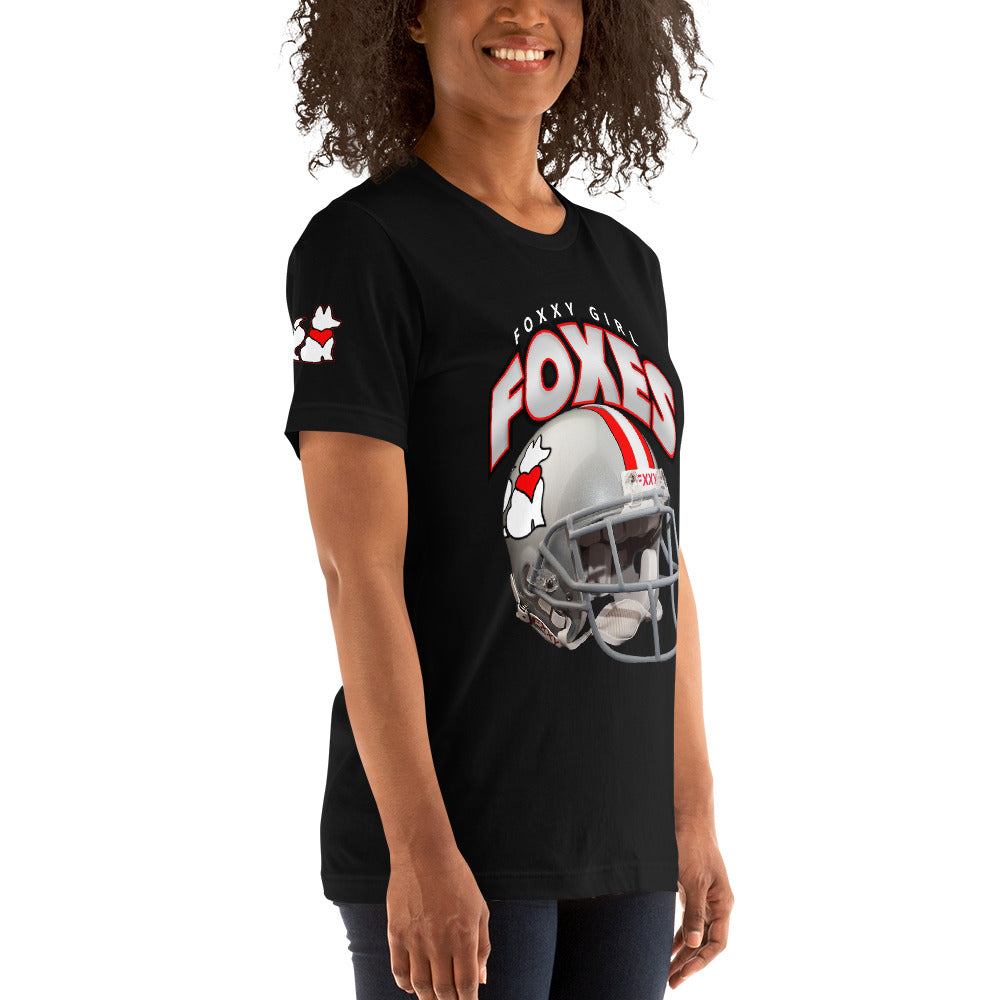 Right front view of black FOXXES football helmet women’s graphic tee by Foxxy Girl.