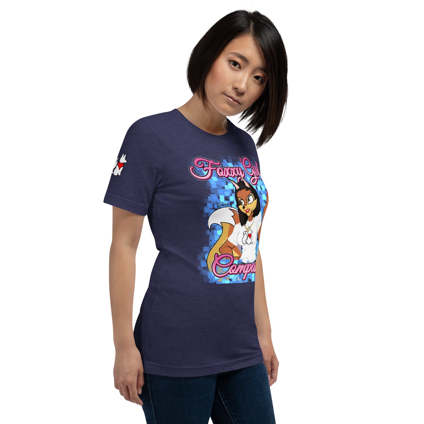 Front right view of heather midnight KIMMIE La Fille FOXX women’s graphic tee by Foxxy Girl.