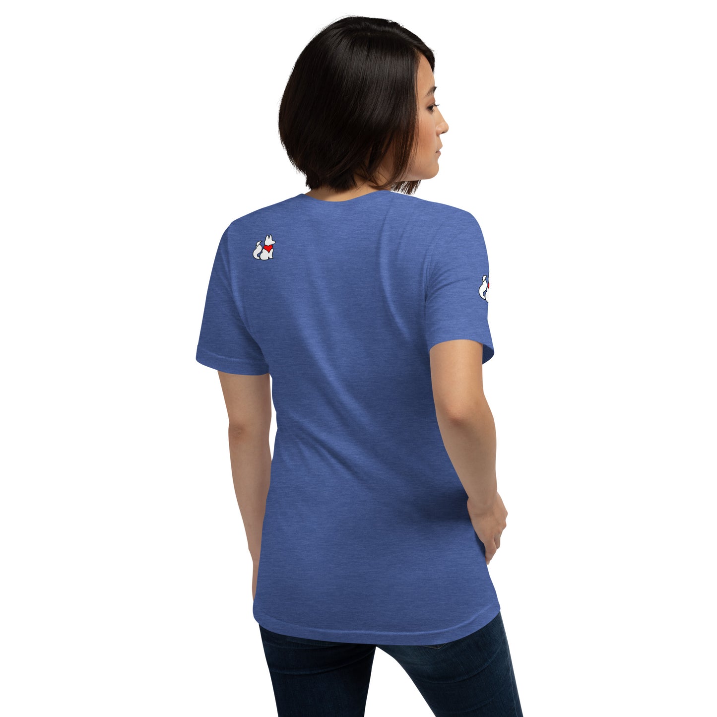 Back view of heather true royal KIMMIE La Fille FOXX women’s graphic tee by Foxxy Girl.