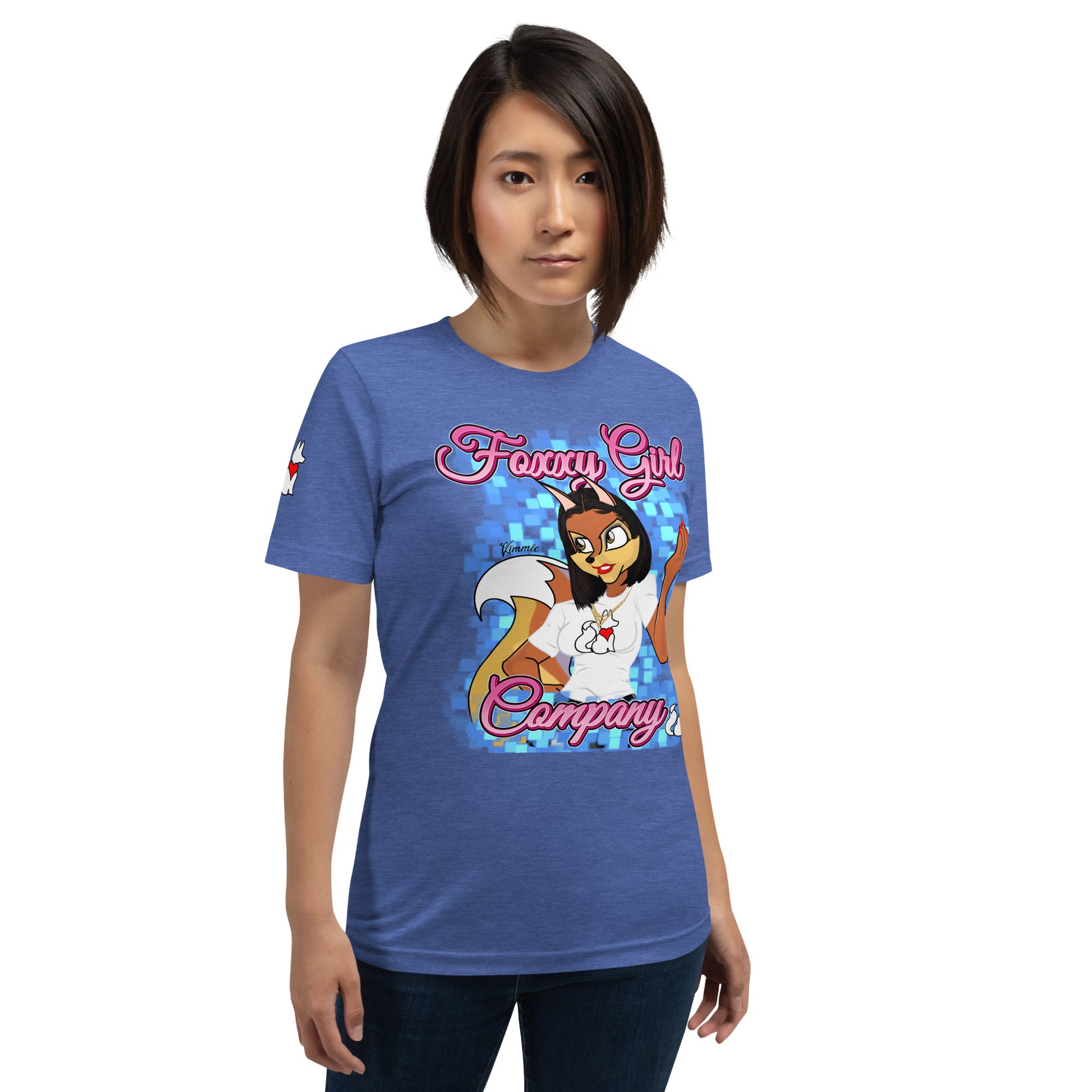 Front view of heather true royal KIMMIE La Fille FOXX women’s graphic tee by Foxxy Girl.