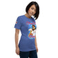 Front right view of heather true royal KIMMIE La Fille FOXX women’s graphic tee by Foxxy Girl.