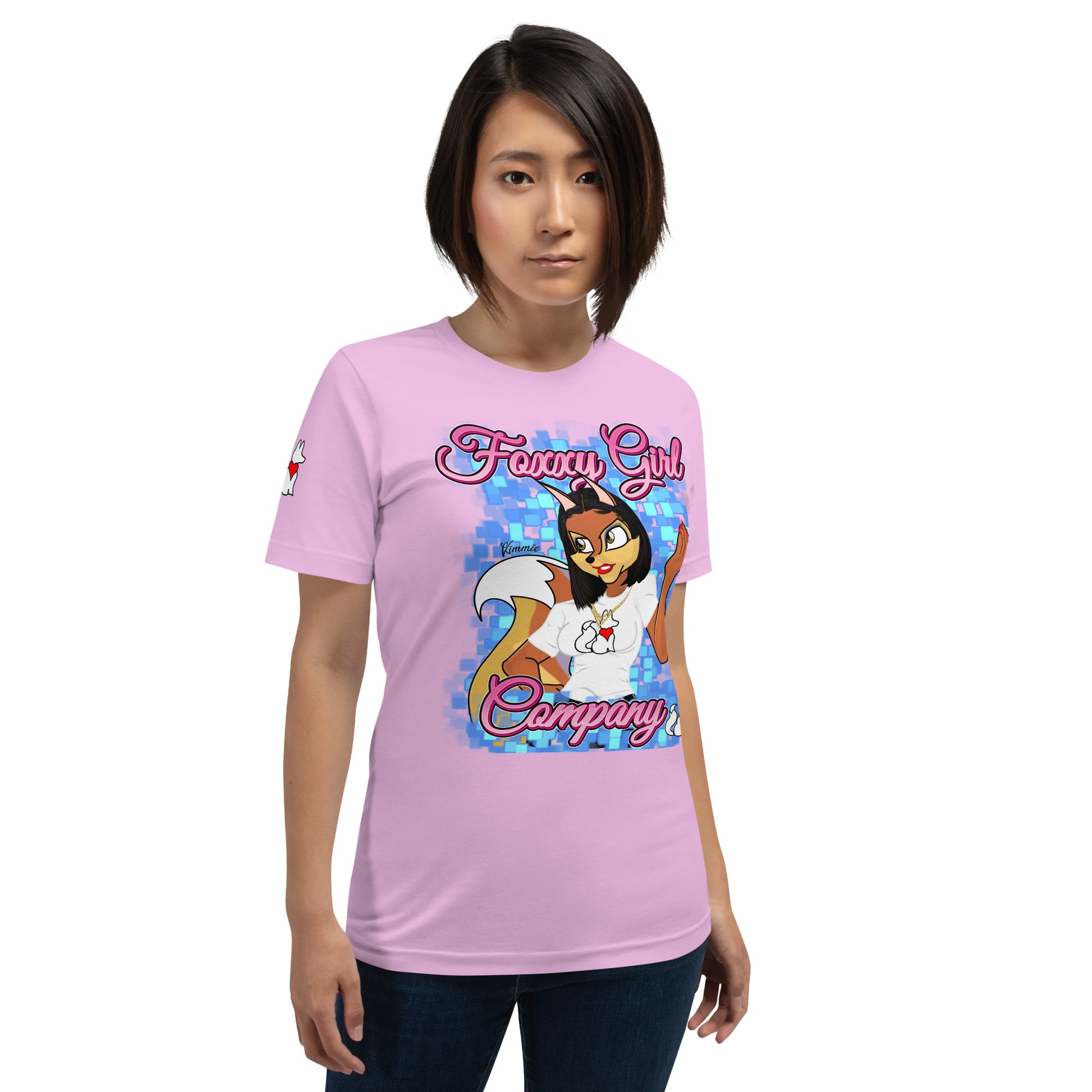 Front view of lilac KIMMIE La Fille FOXX women’s graphic tee by Foxxy Girl.