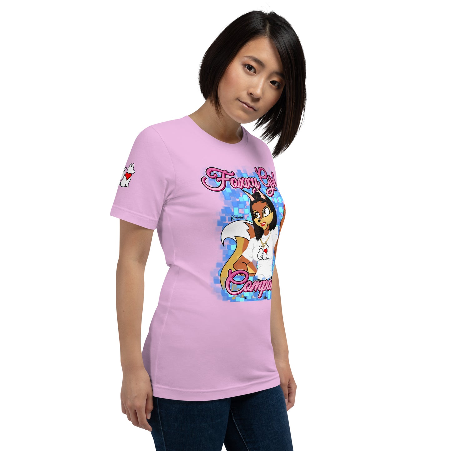 Right front view of lilac KIMMIE La Fille FOXX women’s graphic tee by Foxxy Girl.