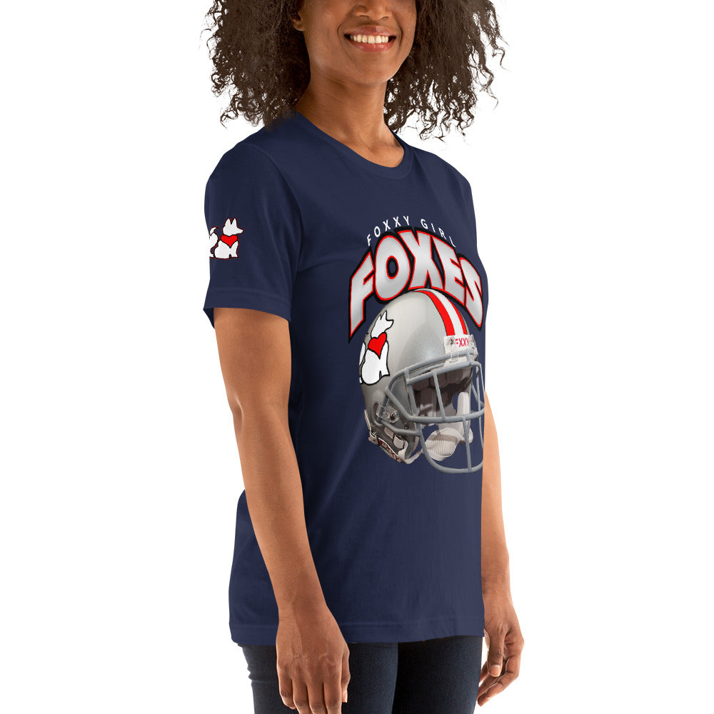 Right front view of navy FOXXES football helmet women’s graphic tee by Foxxy Girl.