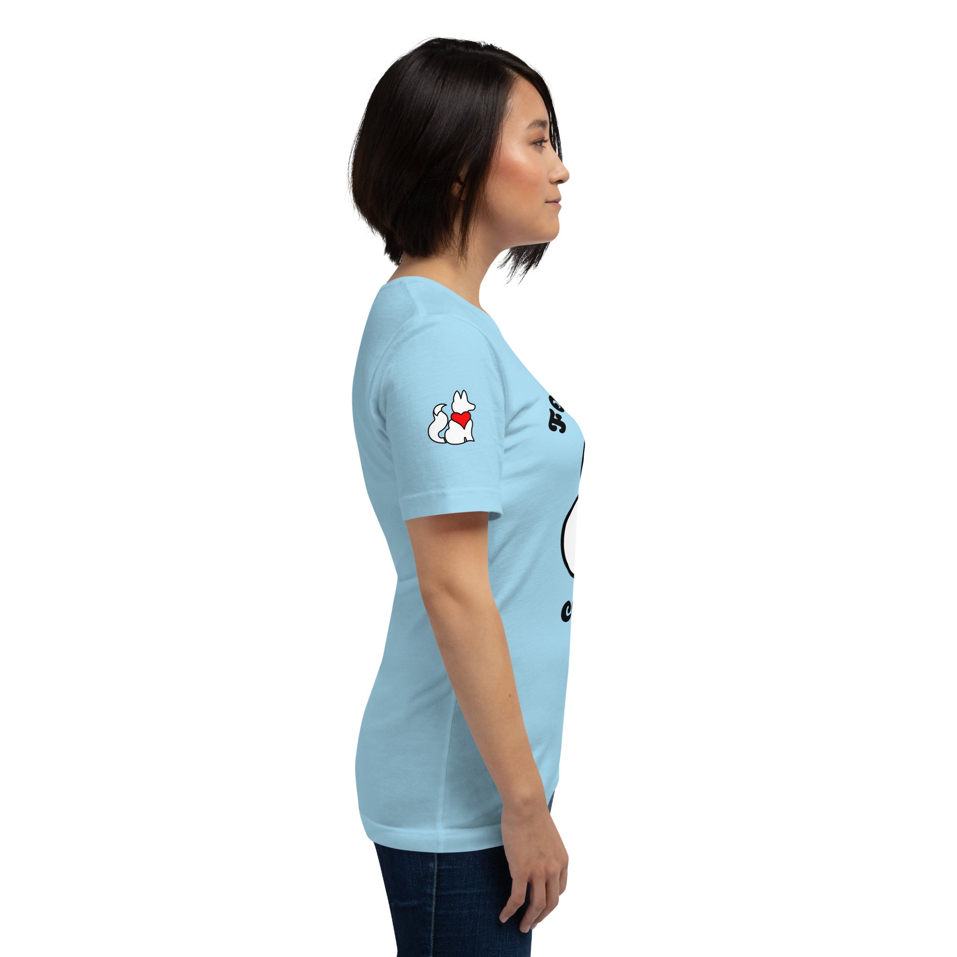 Right view of ocean blue BOLD La FILLE FOXXY LOGO women’s graphic tee by Foxxy Girl.