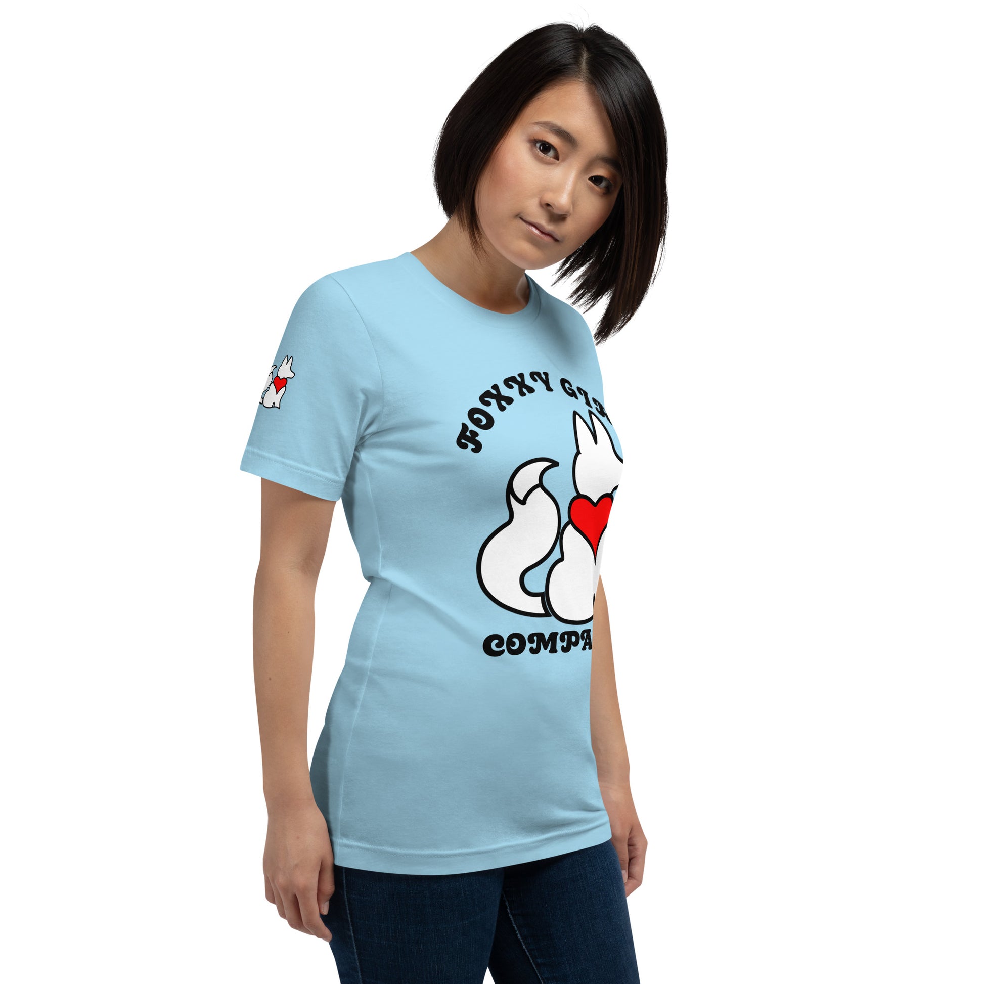 Front right view of ocean blue BOLD La FILLE FOXXY LOGO women’s graphic tee by Foxxy Girl.