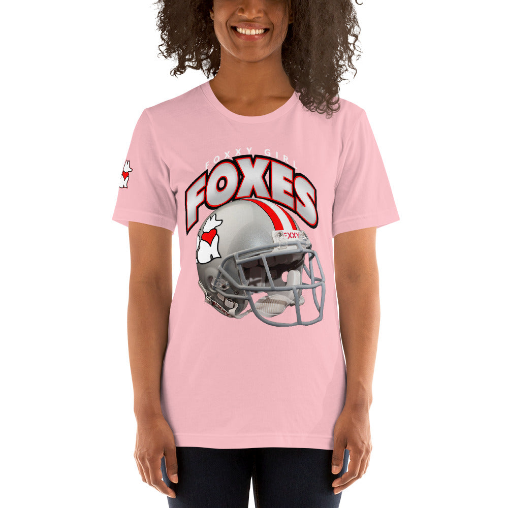 Front view of pink FOXXES football helmet women’s graphic tee by Foxxy Girl.