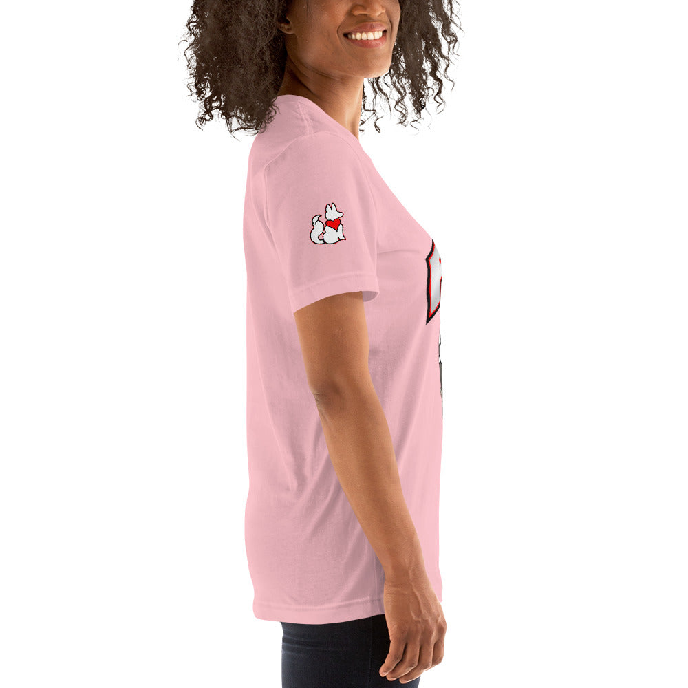 Right view of pink FOXXES football helmet women’s graphic tee by Foxxy Girl.