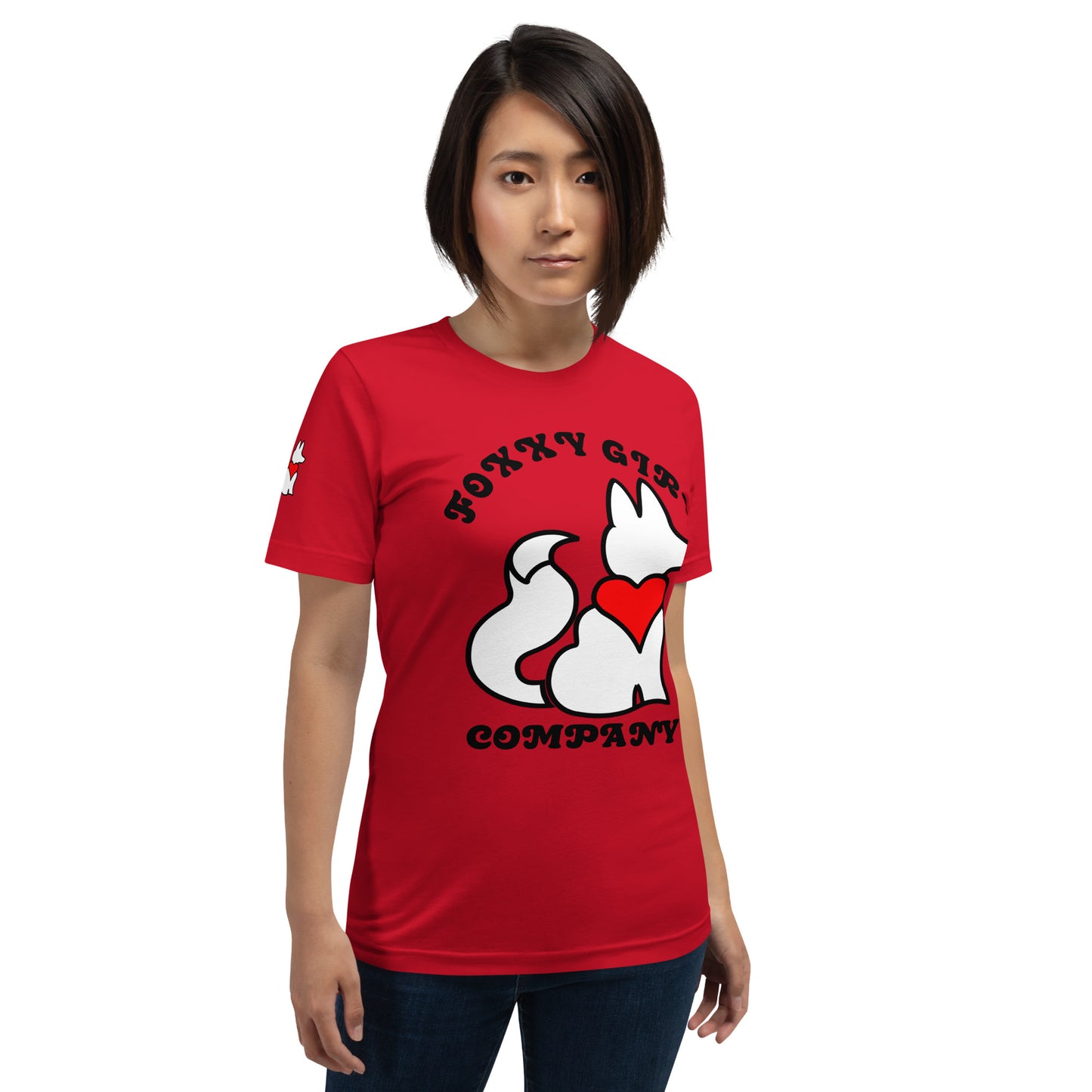 Front view of red BOLD La FILLE FOXXY LOGO women’s graphic tee by Foxxy Girl.