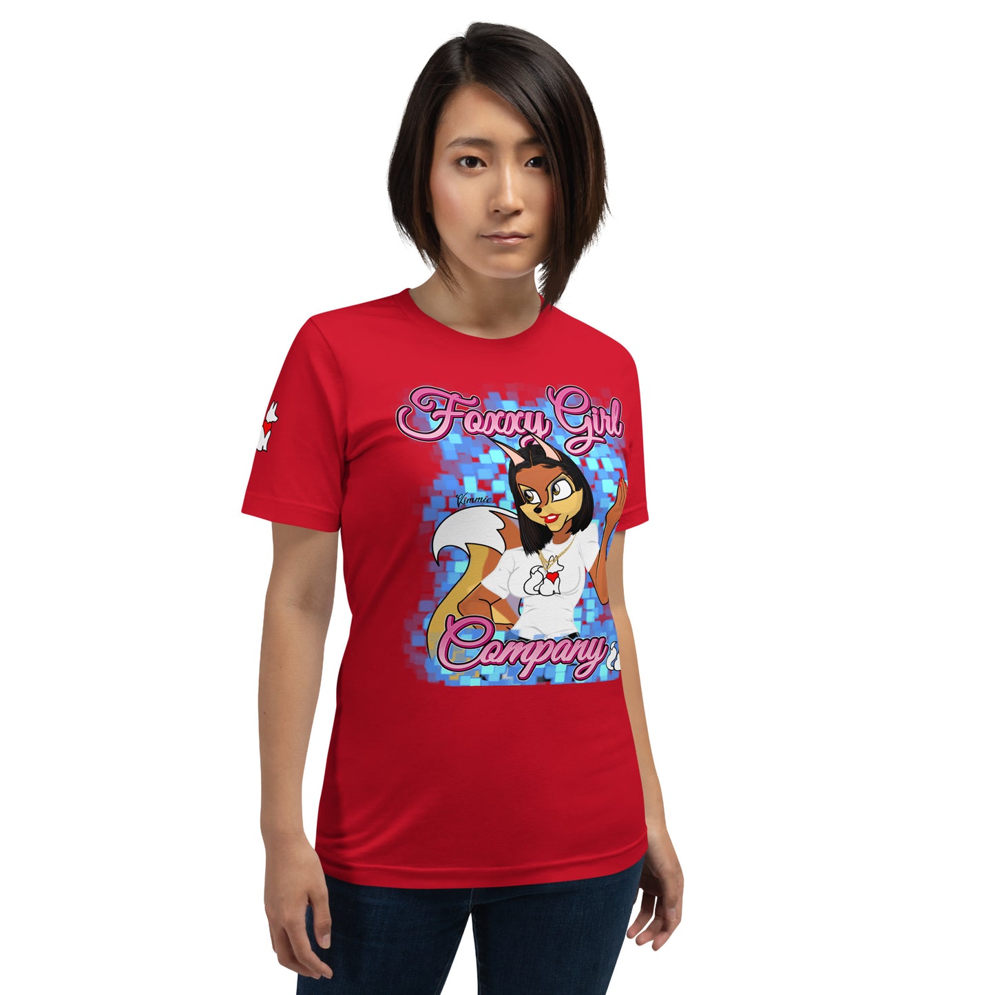 Front view of red KIMMIE La Fille FOXX women’s graphic tee by Foxxy Girl.