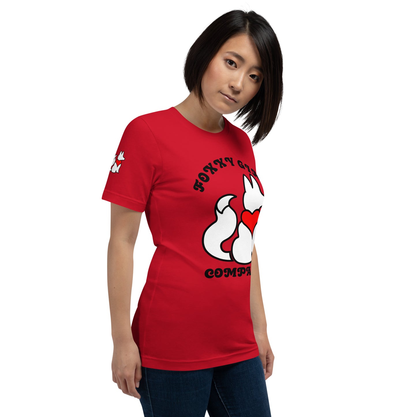 Right front view of red BOLD La FILLE FOXXY LOGO women’s graphic tee by Foxxy Girl.