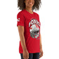 Right front view of red FOXXES football helmet women’s graphic tee by Foxxy Girl.