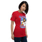 Front right view of red KIMMIE La Fille FOXX women’s graphic tee by Foxxy Girl.