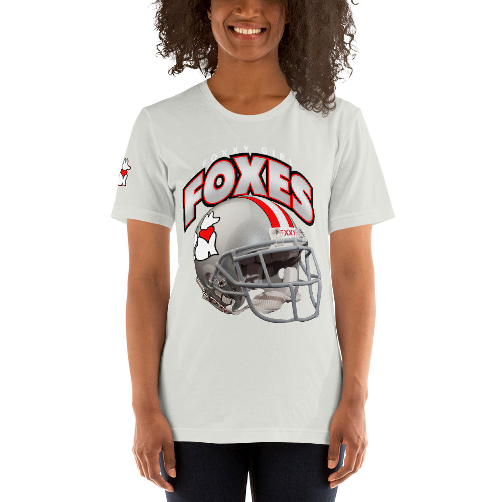 Front view of silver FOXXES football helmet women’s graphic tee by Foxxy Girl.