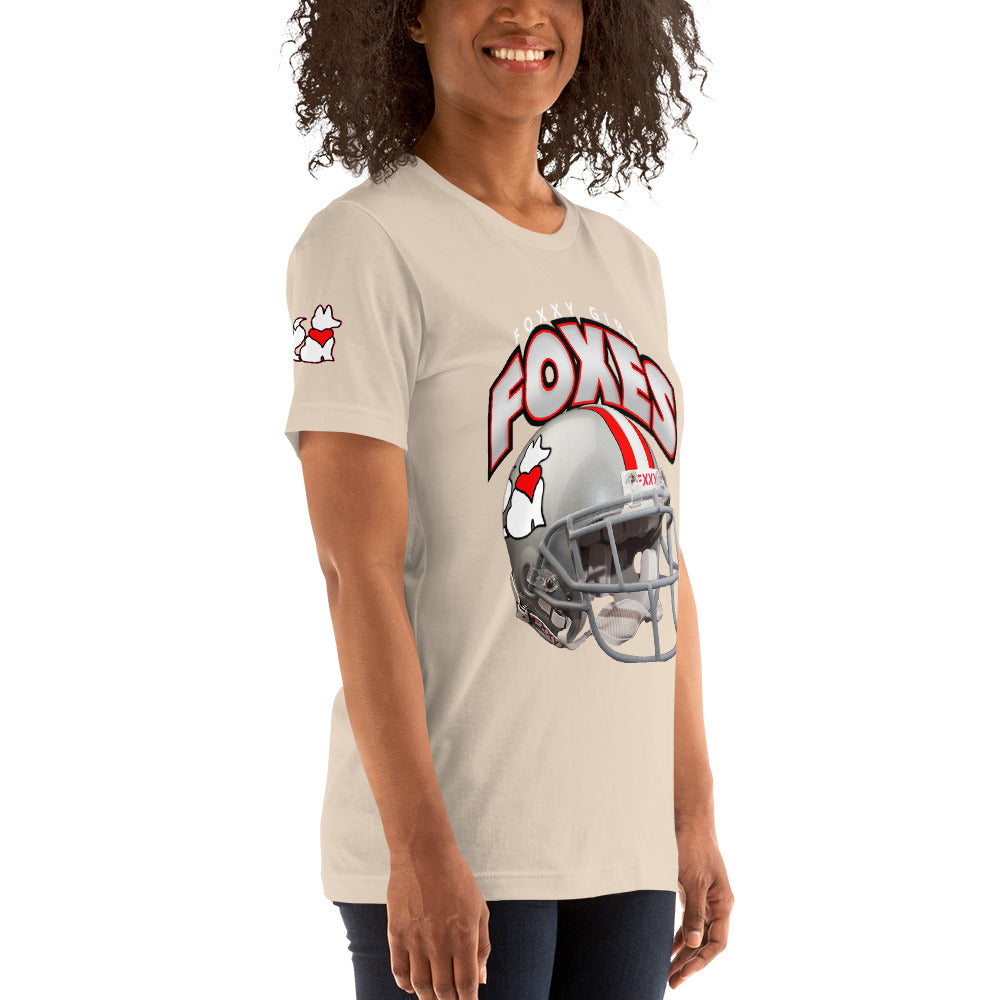 Right front view of soft cream FOXXES football helmet women’s graphic tee by Foxxy Girl.