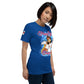 Front right view of true royal KIMMIE La Fille FOXX women’s graphic tee by Foxxy Girl.