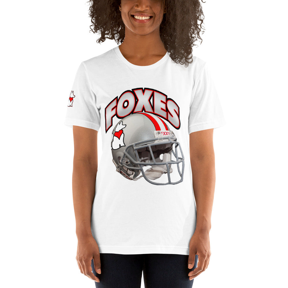 Front view of white FOXXES football helmet women’s graphic tee by Foxxy Girl.