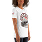 Right front view of white FOXXES football helmet women’s graphic tee by Foxxy Girl.