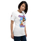 Front right view of white KIMMIE La Fille FOXX women’s graphic tee by Foxxy Girl.