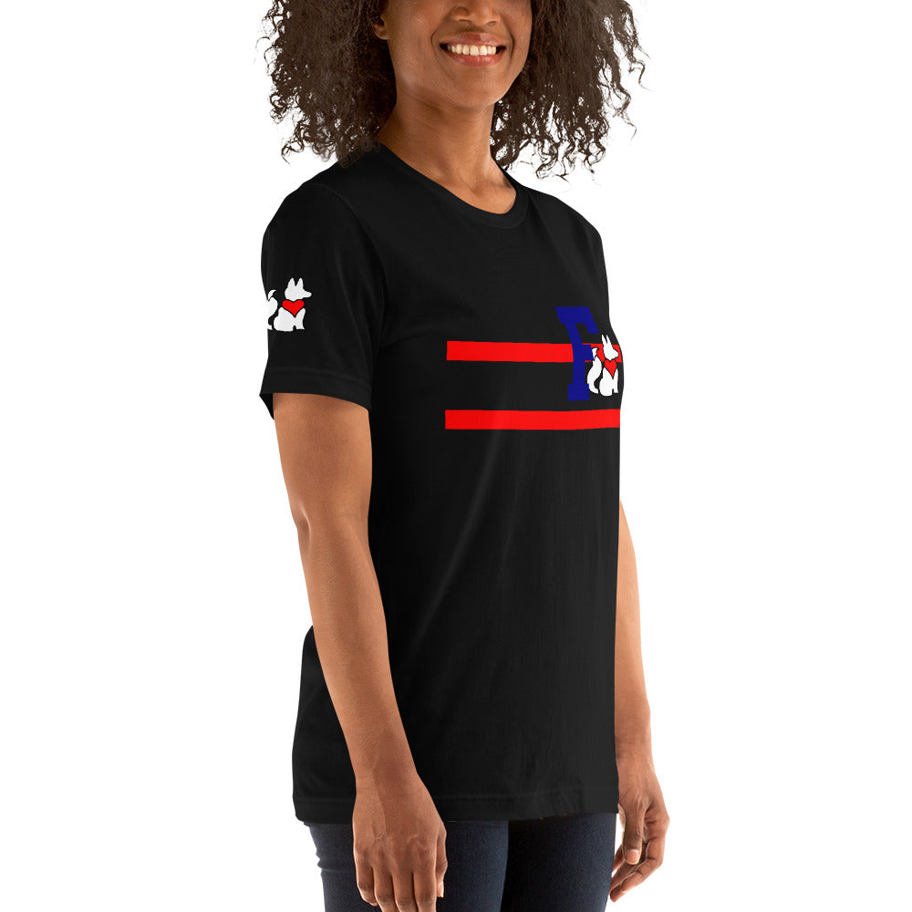 Front right view of black THE F women’s graphic tee by Foxxy Girl.