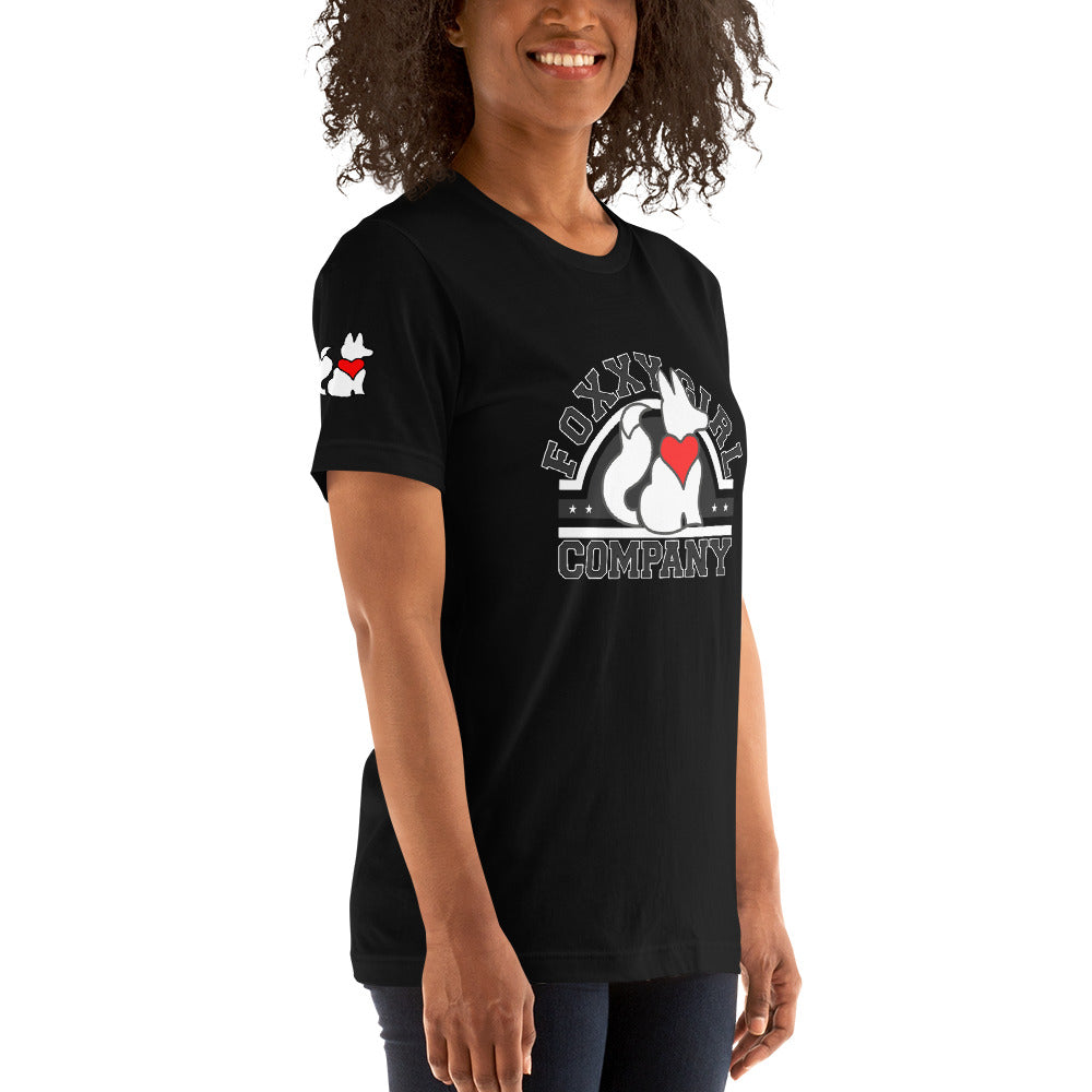 Right front view of black FOXXY CANDIDATE women’s graphic tee by Foxxy Girl.