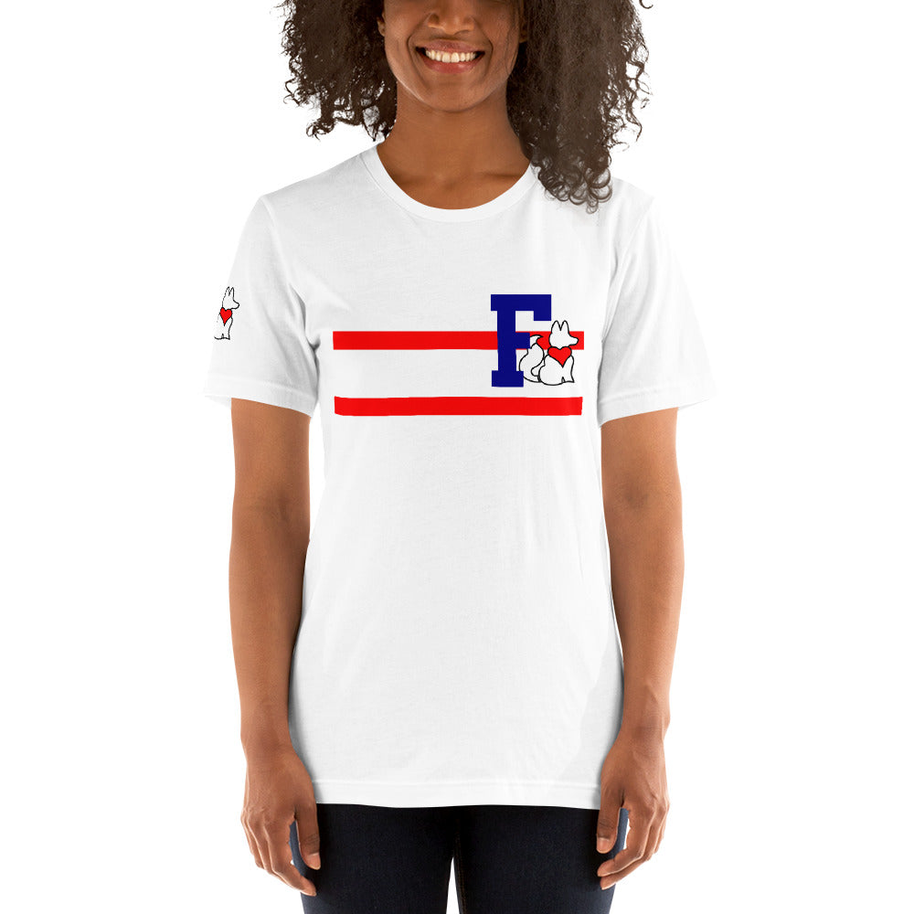 Front view of white THE F women’s graphic tee by Foxxy Girl.