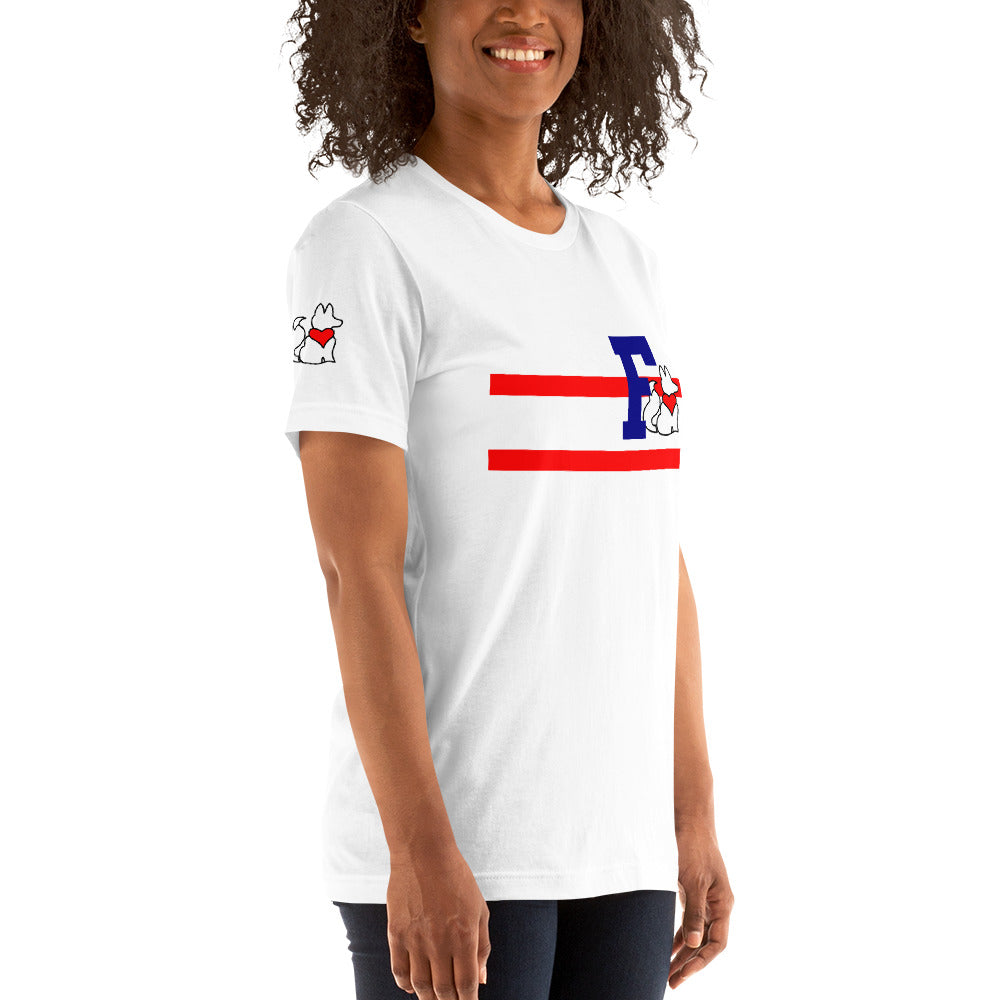 Front right view of white THE F women’s graphic tee by Foxxy Girl.